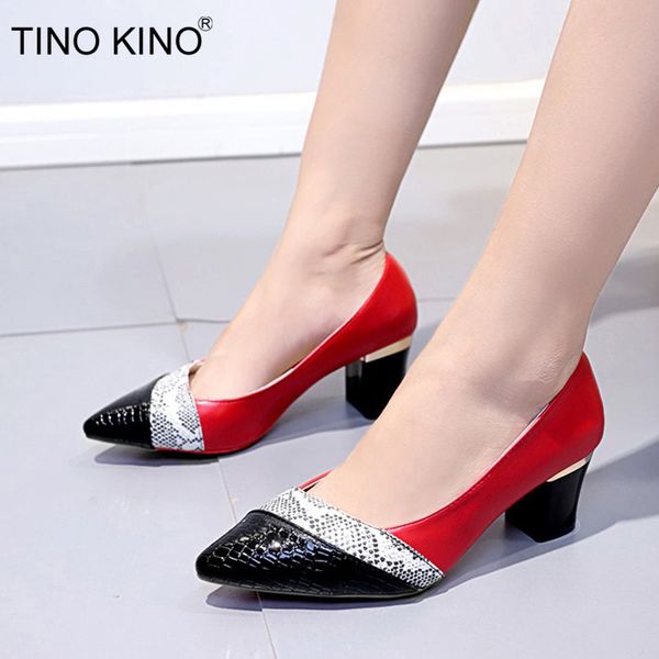 

tino kino women's slip on pumps woman shallow snake thick high heels women pointed toe office lady high pu leather female shoes, Black