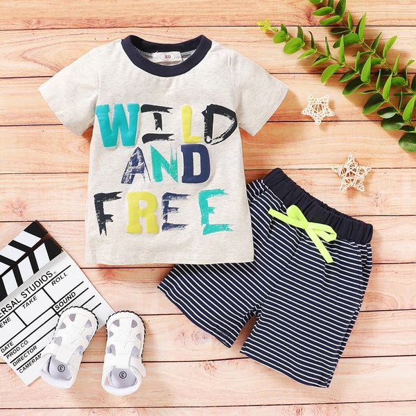 

toddler baby boys letter print t-shirt +striped children's short sleeve letter print t-shirt + striped shorts set 6m-4t, White
