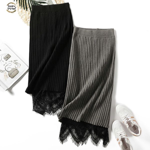 

knitted women sweater skirts midi stripe lace pencil skirt high waist knitting bottoms elastic autumn warm casual skirt winter, Black
