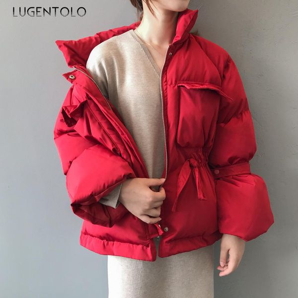 

lugentolo women coat parka new loose slim autumn winter standing collar temperament thicken lacing zipper fashion parkas, Black