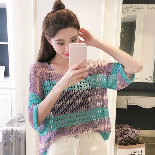 

fashion summer women fresh hollow out partchwork color t-shirt rainbow striped ice silk knitted five-point sleeve top, White
