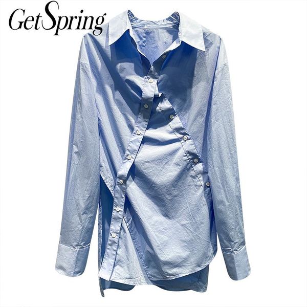 

getspring women shirt irregular cotton long sleeve blue woman blouses shirts casual loose all match women bloues 2020 new, White