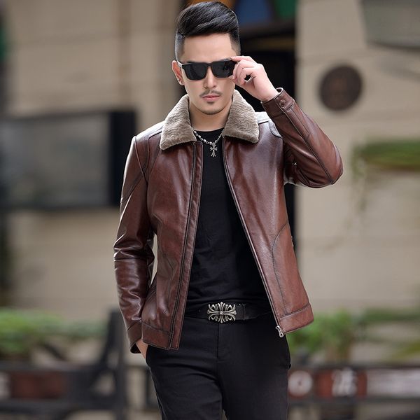 

biker leather jacket men winter duck down jackets 100% wool fur collar coat faux sheepskin coats chaqueta cuero hombre t1090, Black