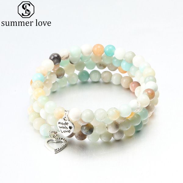 

new natural stone bead bracele four laps bead silver heart pendant elastic string bracelet for women jewelry wholesale-z, Black