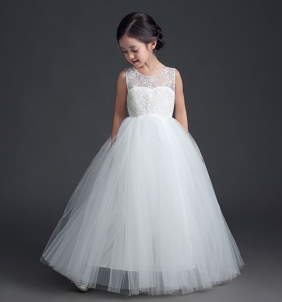 

2019 цветок пром платья девушки для венчания мантии шарика длины пола шнурка тюль рукавов девушки pageant день рождения партии платье, White;red