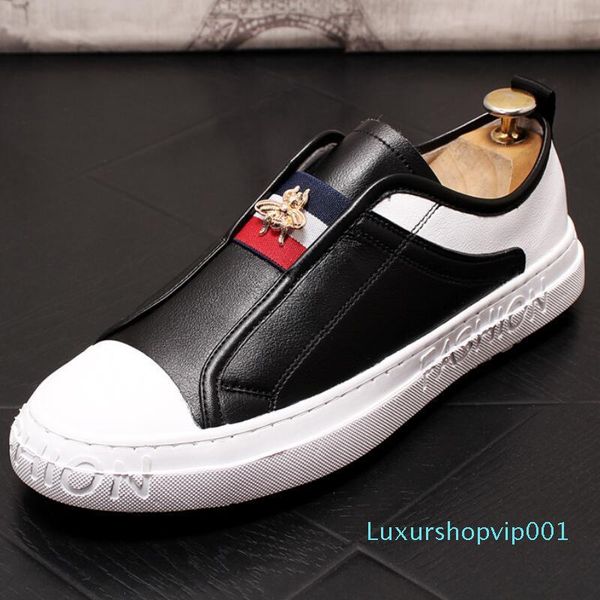

cowhide small white shoe loafer shoe recreational board shoes new soft sole shoe stylist elastic belt bee star shoes c01 02, Black