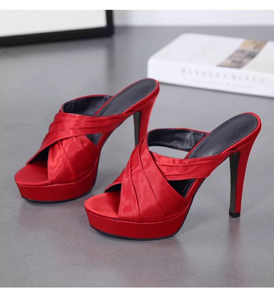 

quality red satin cross strap high heel mules designer sandals red black 12cm size 34 to 39