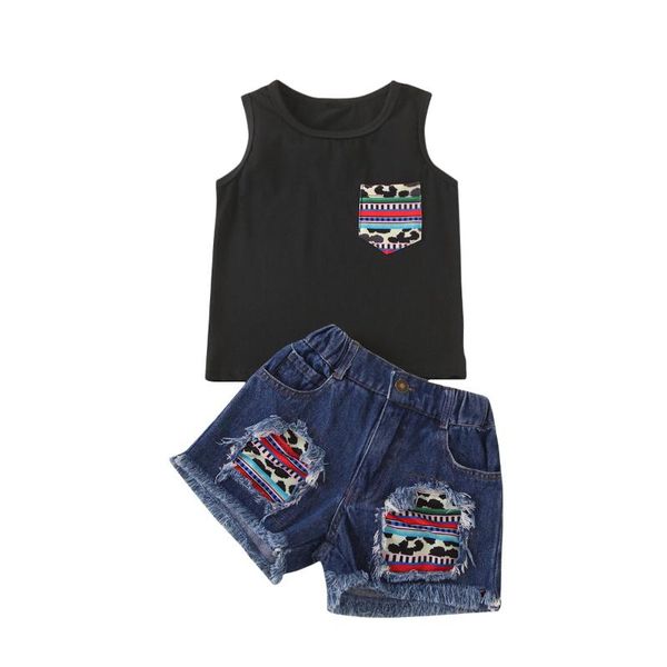 

clothing sets 2pcs kids girls summer autumn simple style dot printing sleeveless round collar pocket + casual denim shorts 2pc set 1-6y, White