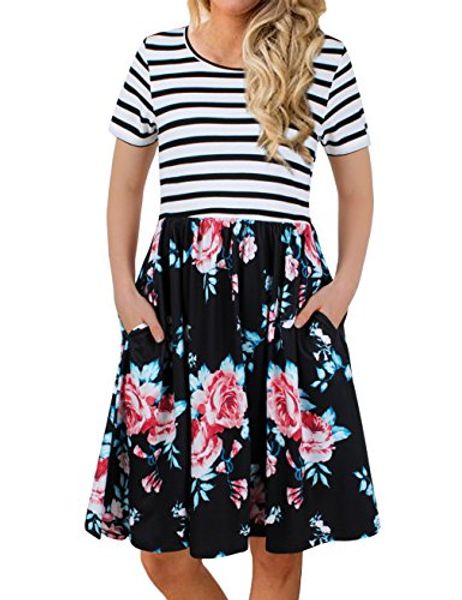 

fanvook women's short sleeve patchwok floral dress dresses with pockets, Black;gray