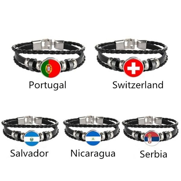 

portugal switzerland el salvador nicaragua serbian flag multilayer leather bracelet fashion bracelet men and women jewelry, Black