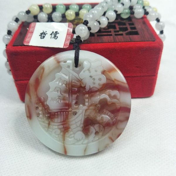 

zheru jewelry pure natural chicken blood jade carved two-color sea boat pendant three-color jade beads necklace send a certifica, Silver