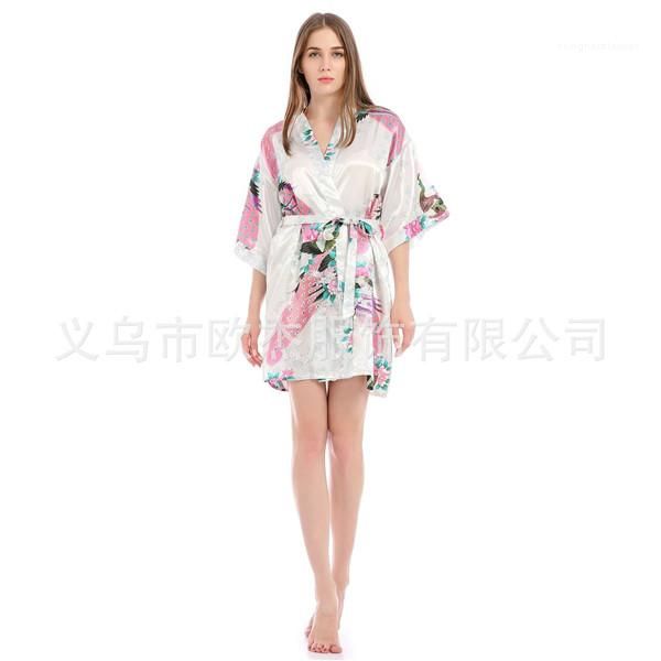 

loose sleepwear womens designer pyjamas peacock floral printed summer womens robe v neck 1/2 sleeve knee length belt, Black;red