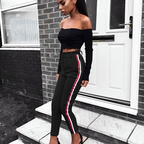 

повседневной высокой талия полосатого карандаш брюки осень зима кулиская тонкая брюки женщина бинты длинные брюки женские брюки 2017, Black;white