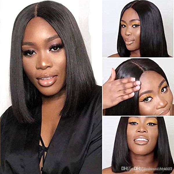 

straight bob new simulation human hair wig silky women brazilian remy short lace frontal closure humain hair wig with baby hair, Black