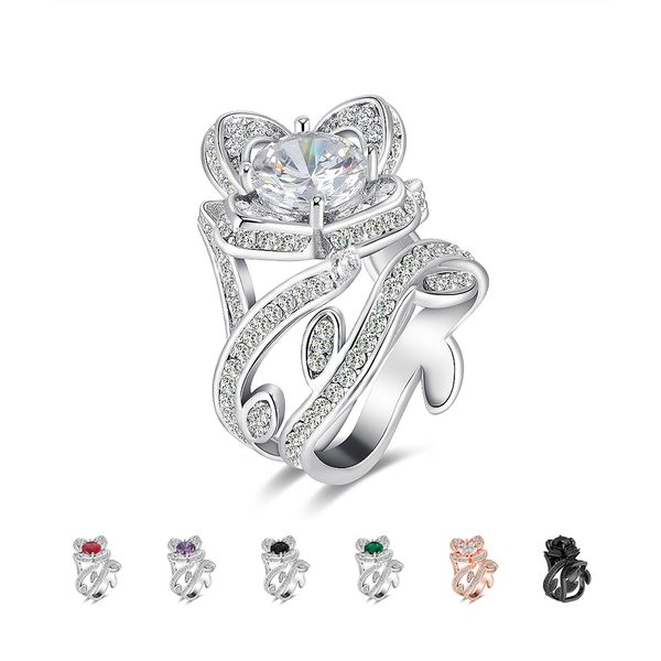 

elegant crystal flower wedding ring for women fashion silver plated bridal double ring engagement jewelry gifts for female, Golden;silver