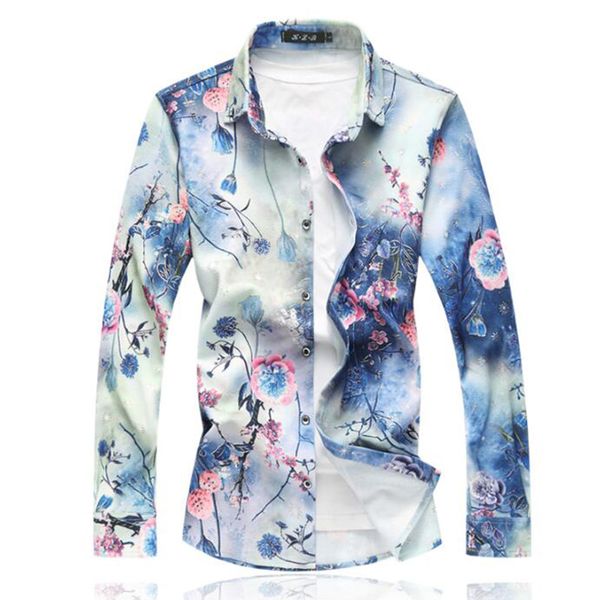 

multicolor printed flower shirt summer men long sleeve casual summer mens hawaiian cotton casual floral shirts, White;black