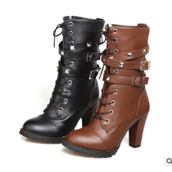 

popular fashion side zipper rivet thick heel middle tube boots high heel lace up boots, Black