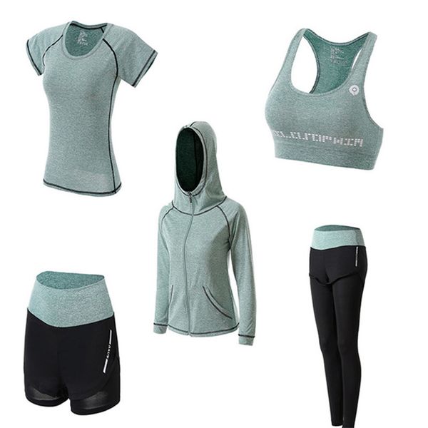 

workout sports suit 1set women 5 piece yoga set for running t-shirt fitness bra sports wear fitness kleding vrouwen gym clothing, Black;blue
