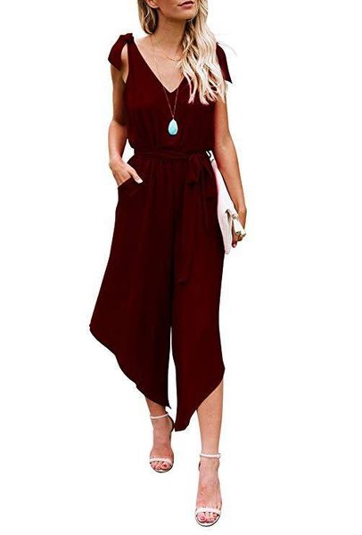 

women rompers summer capris plus size clothing bow sleeveless v neck loose womens jumpsuits irregular length, Black;white