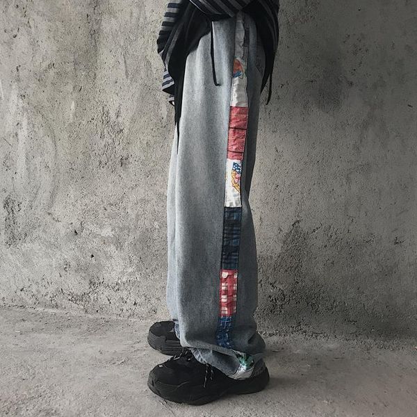 

streetwear vintage spliced denim pants women loose straight hip hop trousers female boyfriend casual jeans harajuku oversize, Blue
