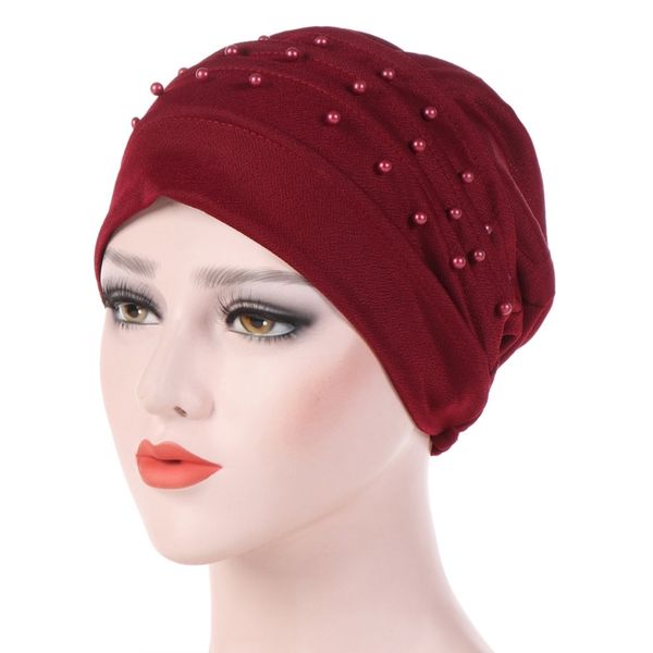 

womens beaded solid color headscarf beaded embellishment turban ruffle muslim chemo cap, Blue;gray