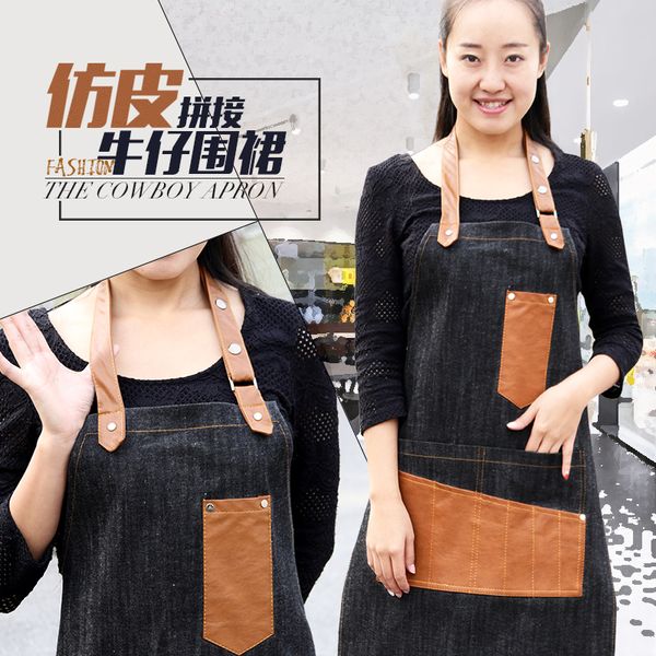 

korean denim apron men and women high-end art beauty painting coffee shop leather stitching apron printable logo