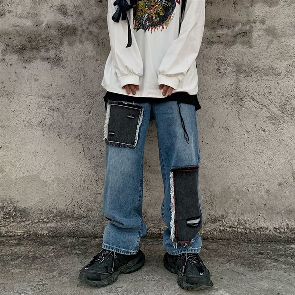 

women man hip hop streetwear punk korean trouser harajuku pant patchwork ripped contrast color denim jeans plus size loose harem, Black;white