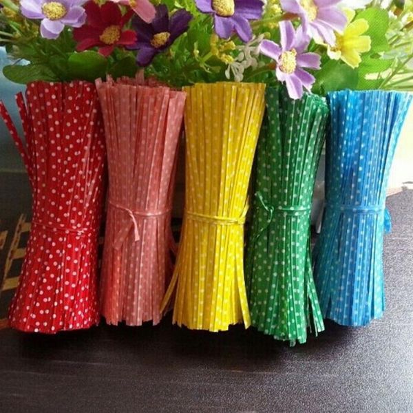 

wholesale- candy color metallic dot twist ties wire cello bags lollipop pack fastener sealing for cake pops 100 pcs pack
