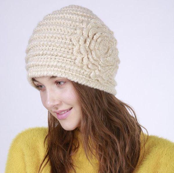 

new fashion pure hand made horizontal pattern one big flower fashion knitting wool warm women's hat, Blue;gray