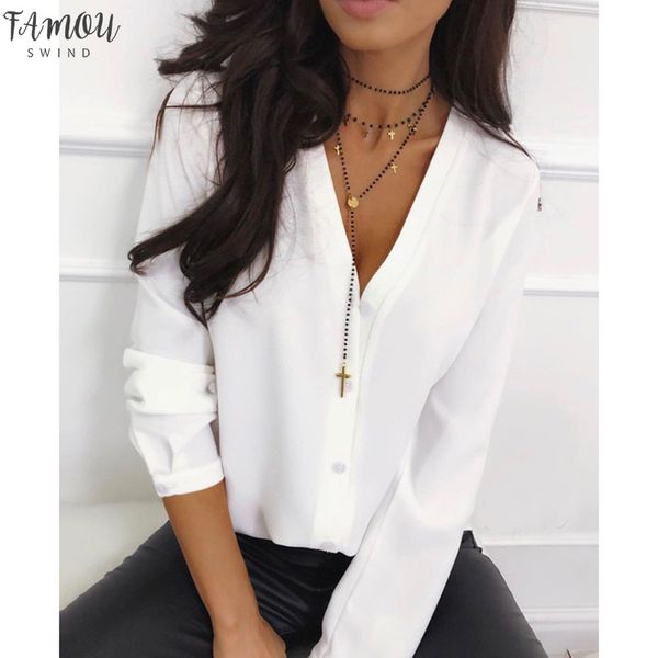 

casual v neck women and blouse ladies long sleeve button office shirts 2019 female solid autumn blusas mujer de, White
