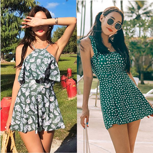 

green print one piece women's swimming suit fused dragging women woman swimsuit female girls swimwear with ruffles skirt dresses, White;black