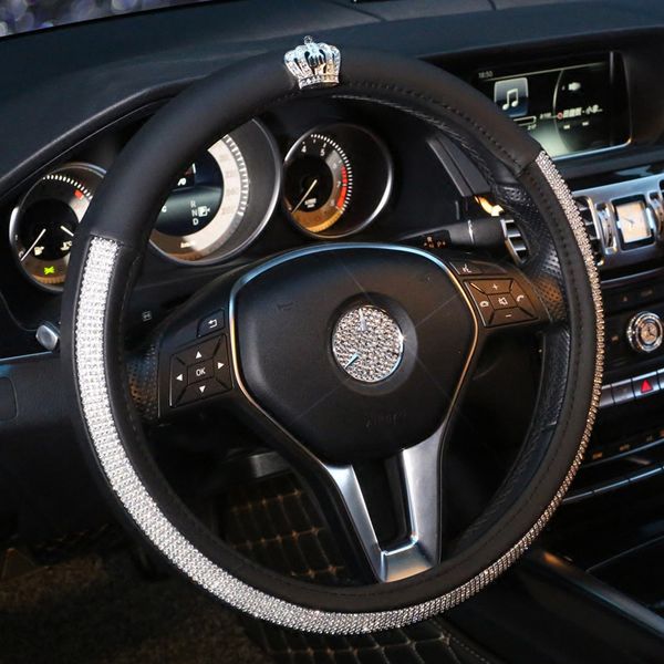 

diamond crown car steering wheel cover leather crystal rhinestone covered steering-wheel covers women girls interior accessories