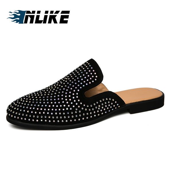 

men half slippers slip on outdoor mens casual shoes suede slides man driving loafers, Black