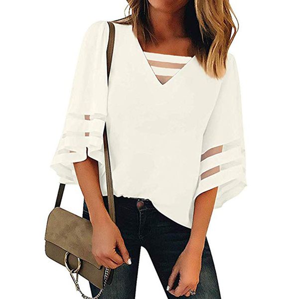 

solid fashion strappy pullover office patchwork bell sleeve women blouse casual v neck mesh summer loose, White