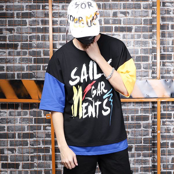 

2019 letter printing summer t-shirt fashion men's loose hip-and-colour fake two five-dimensional sleeves t-shirts tees, White;black