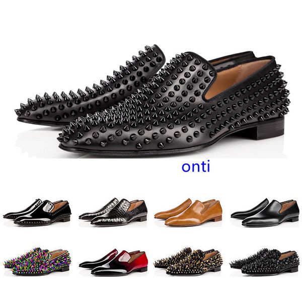 

2019 luxury designer mens shoes loafers red spike patent leather slip on dress wedding flats bottoms shoe for business party size 39-47, Black