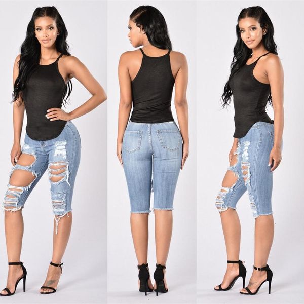 

designer jeans women designer pants new fashion high waist jeans ripped casual knee length jeans woman cotton denim trousers slim pants, Blue