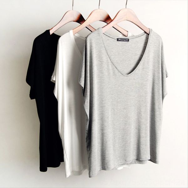 

solid color loose slim base shirt shirt black white gray pure color v-neck t-shirt