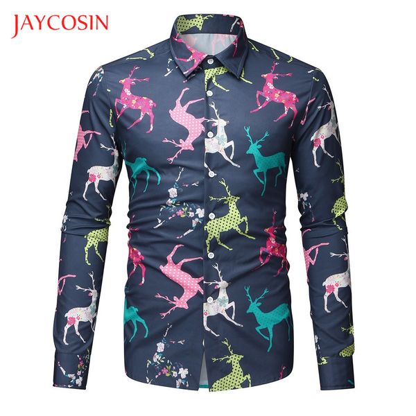 

joycosin men shirt 2019 christmas male clothes casual fashion slim fit multicolor reindeer long sleeve dress shirt party, White;black