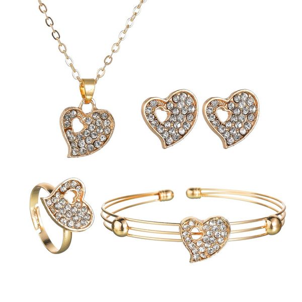 

4 pcs/lot cute hollow heart necklace earrings sets gold color crystal heart ring bracelet jewellery set for girls kids gift, Silver