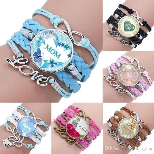 

we love you mom infinity bracelet mom ever glass cabochon charm braided leather rope wrap bangle for women mama mother's day jewel, Golden;silver