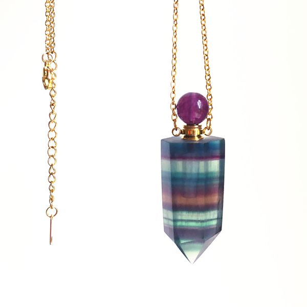 

stainless steel hexagon point rainbow fluorite essential oil perfume bottle pendant necklace chakra crystal quartz perfume bottle jewelry, Silver