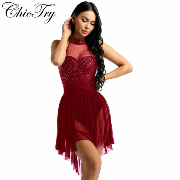 

women girls ballet dance dresses halter neck polka dots irregular tulle hem ballet dance gymnastics costumes leotard dress, Black;red