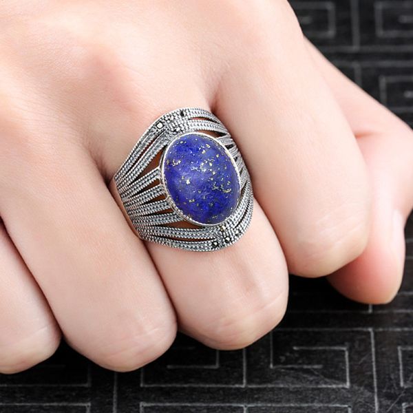 

10*14mm not fake s925 sterling silver asia lapis rings exaggerated rings upper class lithuania retro chalcedony, Golden;silver