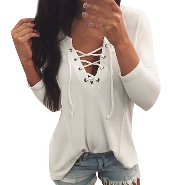 

womens and blouses 2018 long sleeve shirts tunic lace up ladies clothes korean fashion streetwear clothing, White