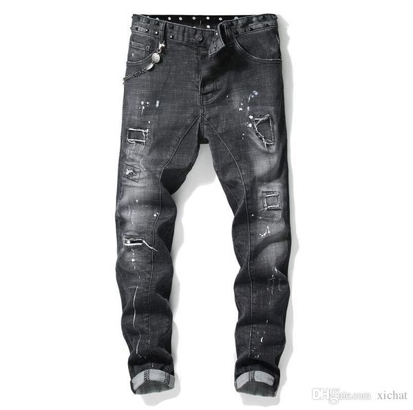 

unique mens painted rips stretch black jeans fashion designer slim fit washed motocycle denim pants panelled hip hop trousers 1013, Blue
