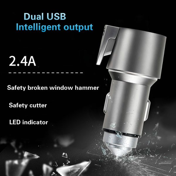 

dhl new universal fast charger 3 in 1 usb car charger seat belt cutter emergency hammer spring loaded glass breaker razor for sharp