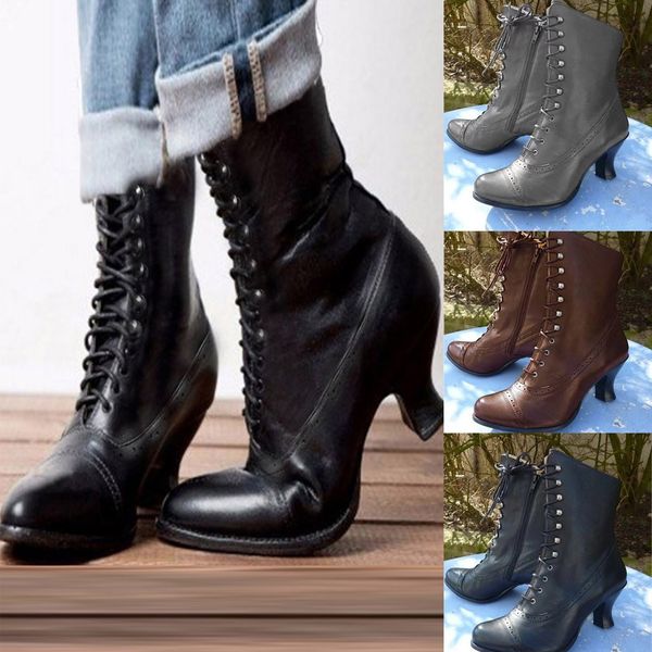 

women winter cross tied med ankle boots flower retro lace up cups heels shoes, Black