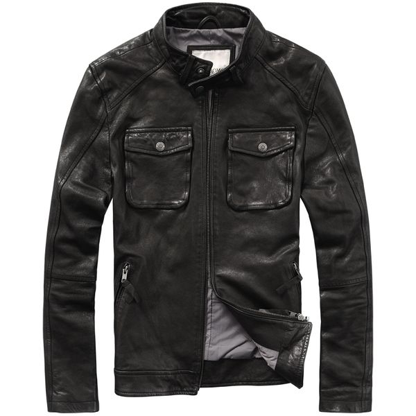 

autumn genuine leather jacket men's sheepskin casual jacket new simple short slim motorcycle leather jacket, Black