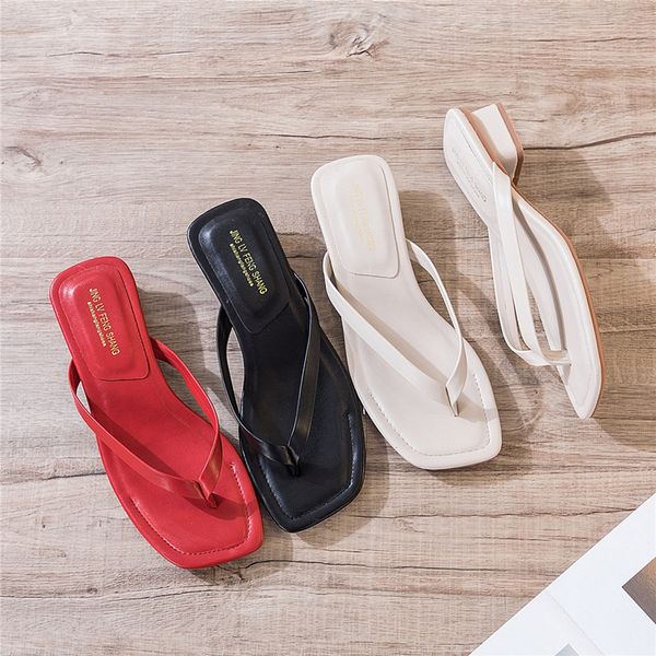 

med shoes slippers women summer pantofle square heel rubber flip flops slides 2020 block hawaiian rome fabric pu hoof heels toe, Black